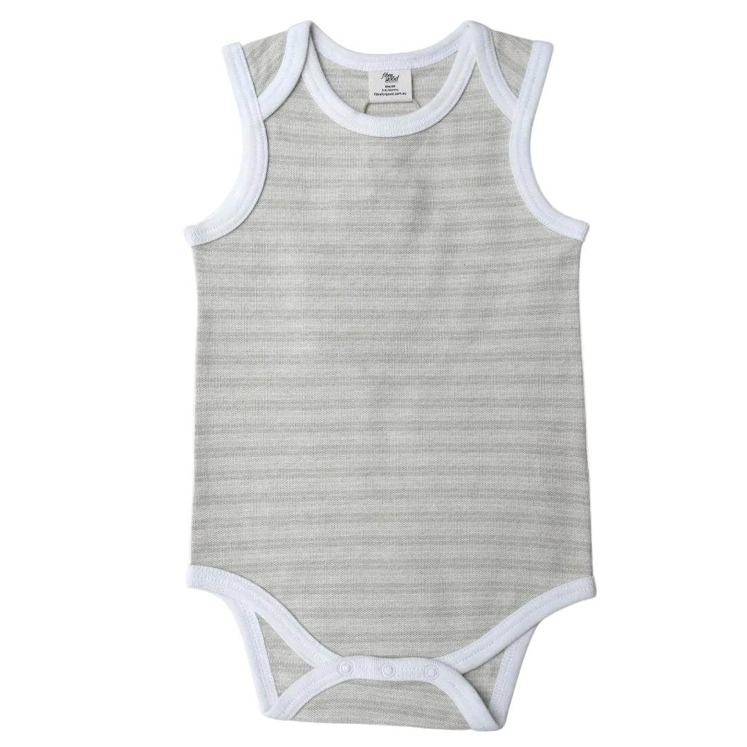A sleeveless bodysuit with striped pattern and contrast binding 