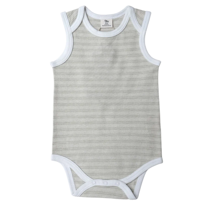 A sleeveless bodysuit with striped pattern and contrast binding 