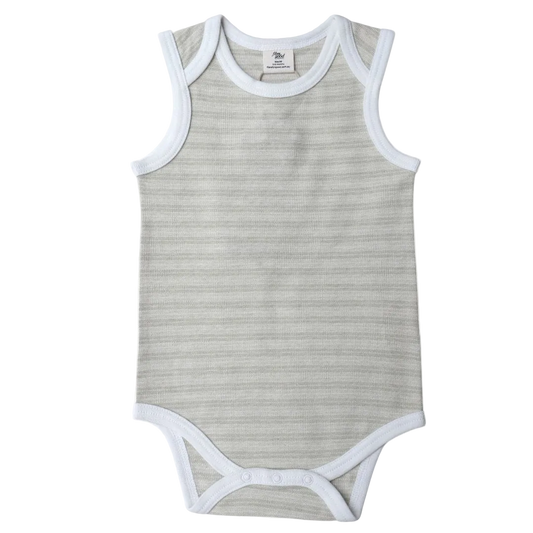 A sleeveless bodysuit with striped pattern and contrast binding 