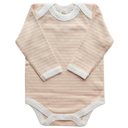 A long sleeve organic cotton bodysuit with double stripe detailing, natural colour in brown 