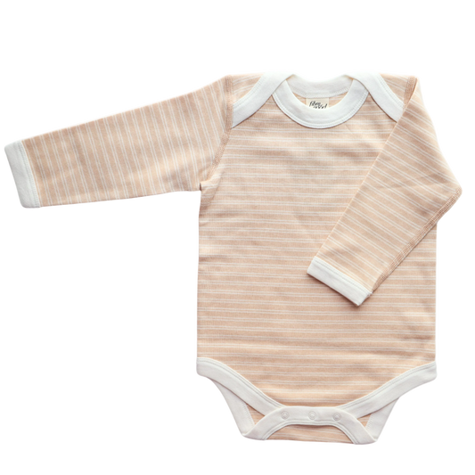 A long sleeve organic cotton bodysuit with double stripe detailing, natural colour in brown 