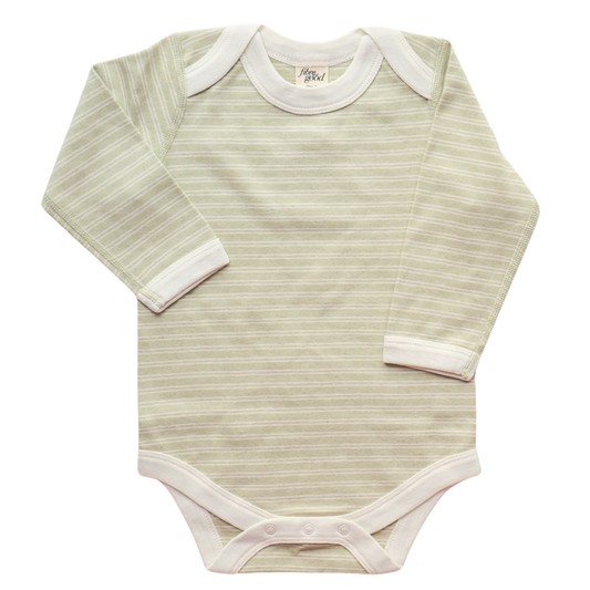 A long sleeve organic cotton bodysuit with double stripe detailing, unbleached undyed 
