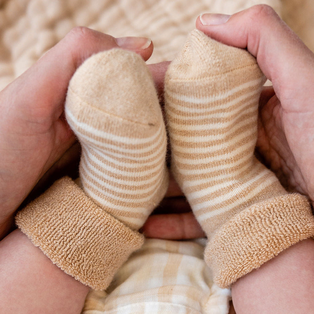 baby socks in stripes and natural white