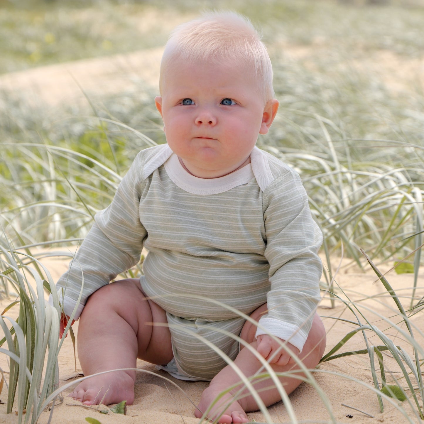 organic interlock stripe long sleeve bodysuit - undyed natural colour 