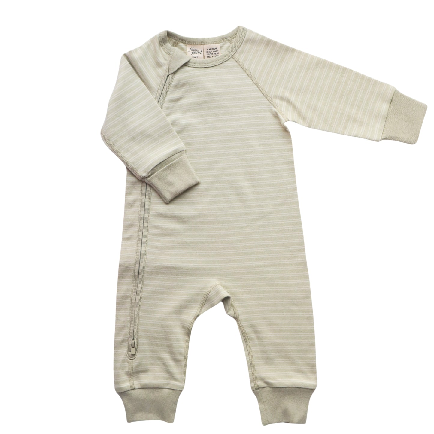 A long sleeve romper for babies, with double stripes and a side zipper, in beige and brown colors.
