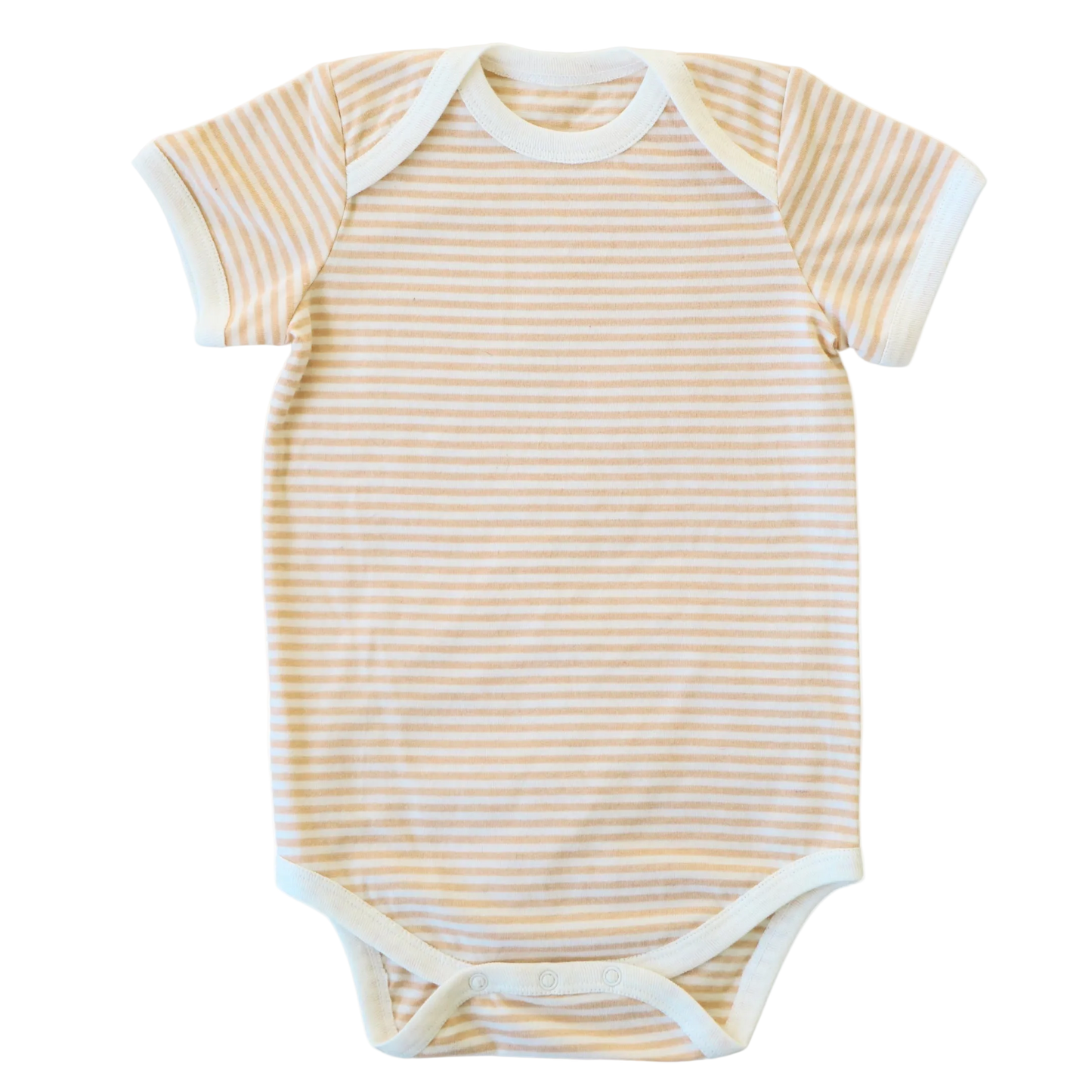 brown and white striped baby bodysuit on a white background