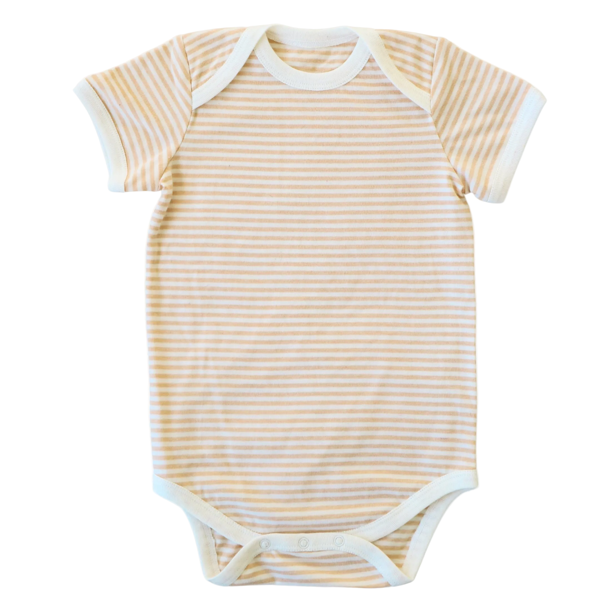brown and white striped baby bodysuit on a white background