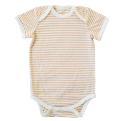 brown and white striped baby bodysuit on a white background