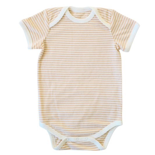 brown and white striped baby bodysuit on a white background