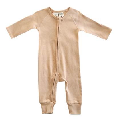 natural brown  organic cotton zip romper for babies, unbleached undyed 