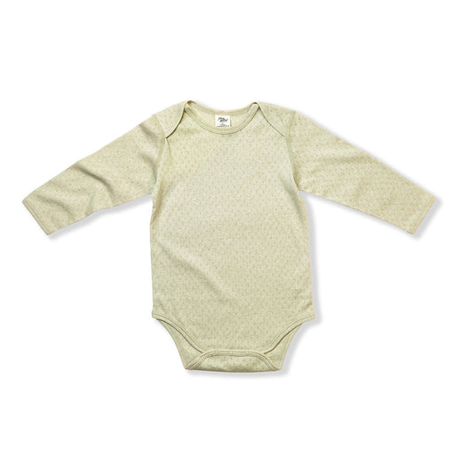 Sage Pointelle Long Sleeve Body Suit, Made from 100% chemical-free Organic Natural Colour Cotton Pointelle Ribs for comfort and movement, Enveloped neck line, Dome snaps for easy nappy change, 100% Hypoallergenic