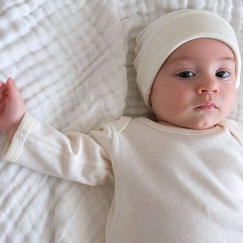 Baby in long sleeve bodysuit & beanie, Natural white