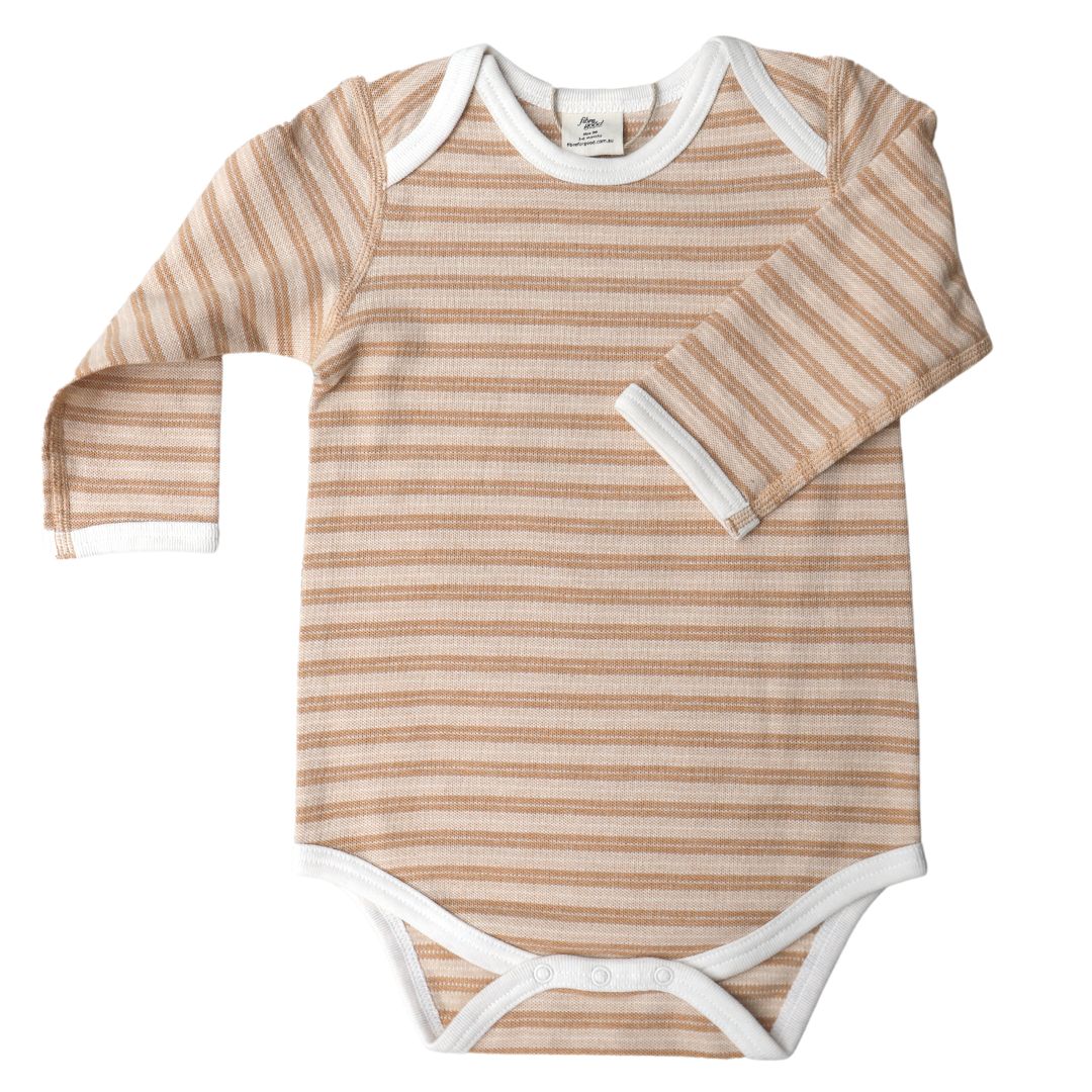 A long sleeve bodysuit with pique stripe pattern  with envelope neckline and dome snaps.