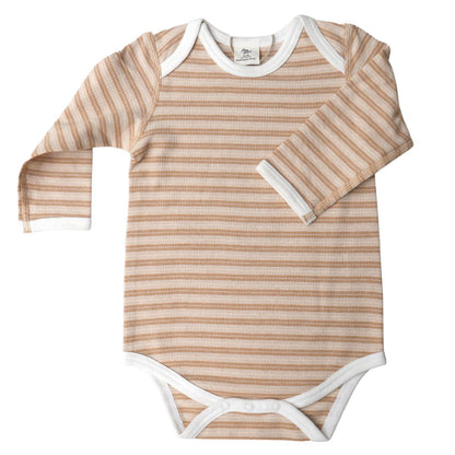 A long sleeve bodysuit with pique stripe pattern  with envelope neckline and dome snaps.