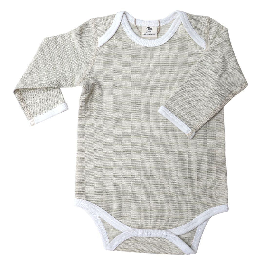 A long sleeve bodysuit with pique stripe pattern , with envelope neckline and dome snaps.