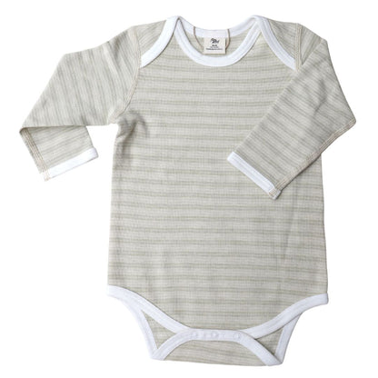 A long sleeve bodysuit with pique stripe pattern , with envelope neckline and dome snaps.