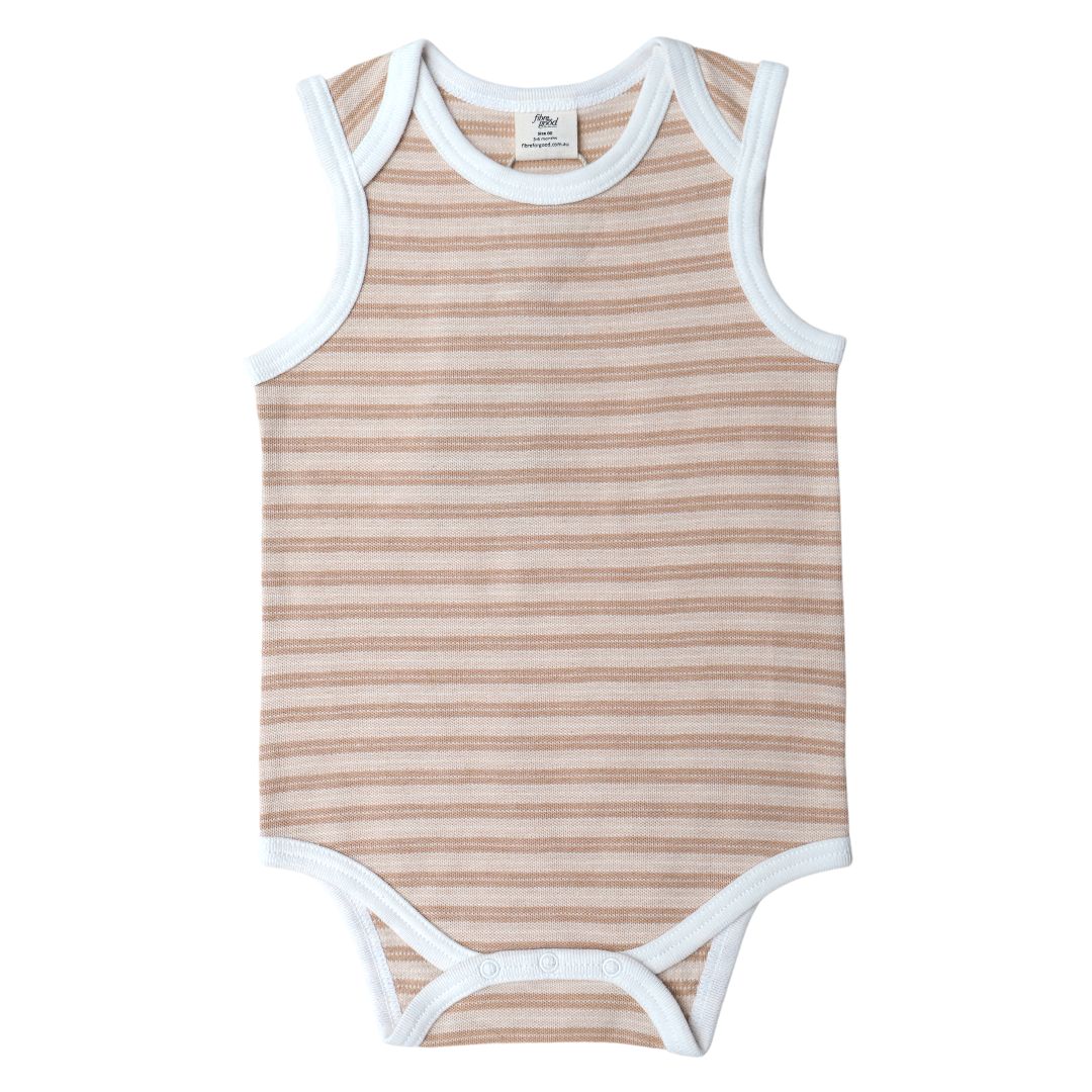 A sleeveless bodysuit with striped pattern and contrast binding in brown and white contrast 