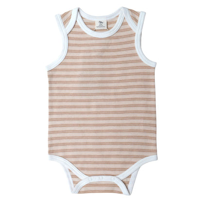 A sleeveless bodysuit with striped pattern and contrast binding in brown and white contrast 