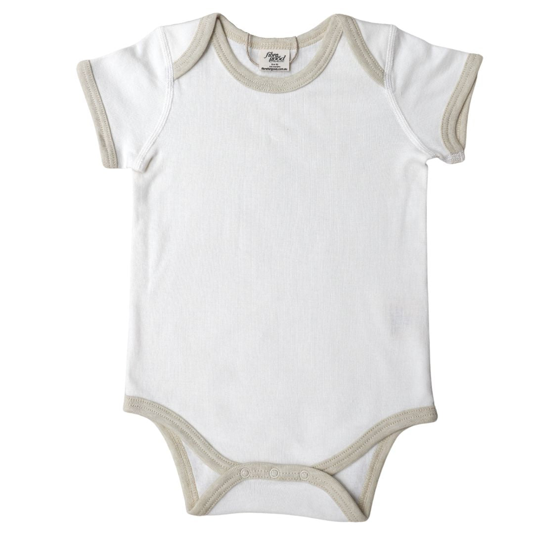 Organic cotton short sleeve bodysuit with contrast white trim for babies.