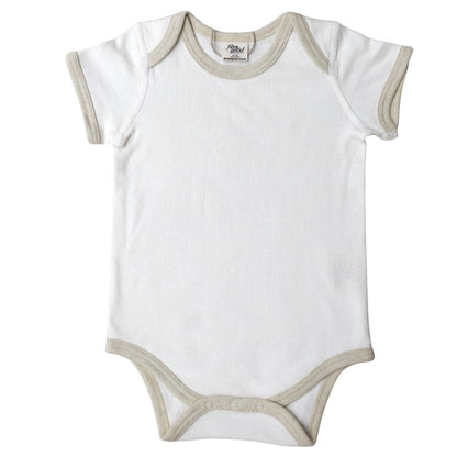 Organic cotton short sleeve bodysuit with contrast white trim for babies.
