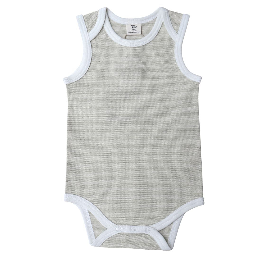 A sleeveless bodysuit with striped pattern and contrast binding 