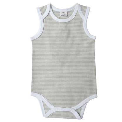 A sleeveless bodysuit with striped pattern and contrast binding 
