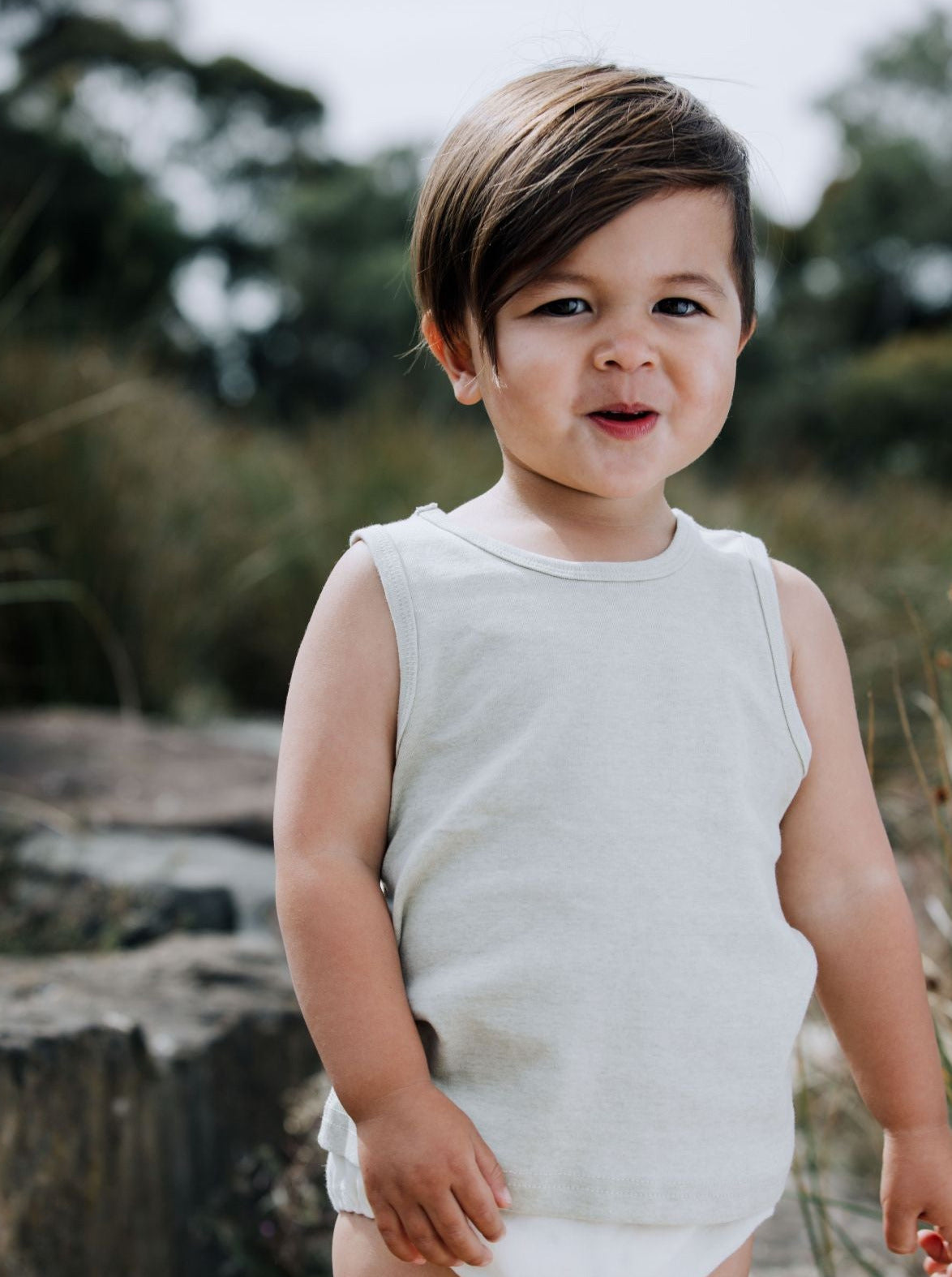 Baby in Sage Singlet, Happy smile 